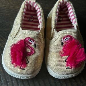 Baby Girls Gold and Pink Sparkly Sneakers with Flamingo Appliqué Size 2